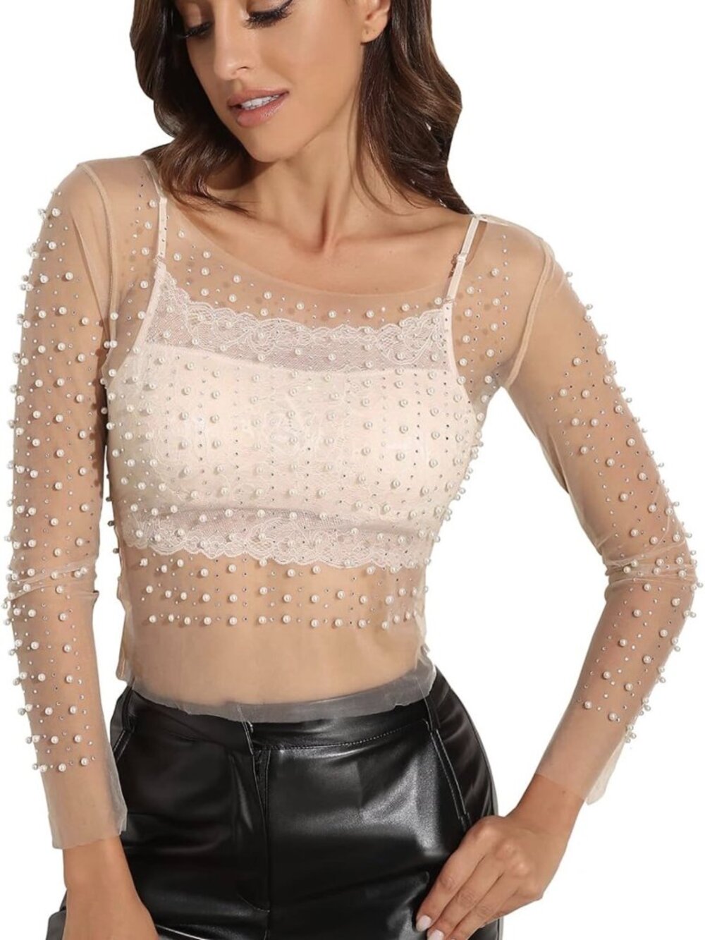 Pearl and Rhinestone Long Sleeve Mesh Crop Blouse, Nude, Sz. L